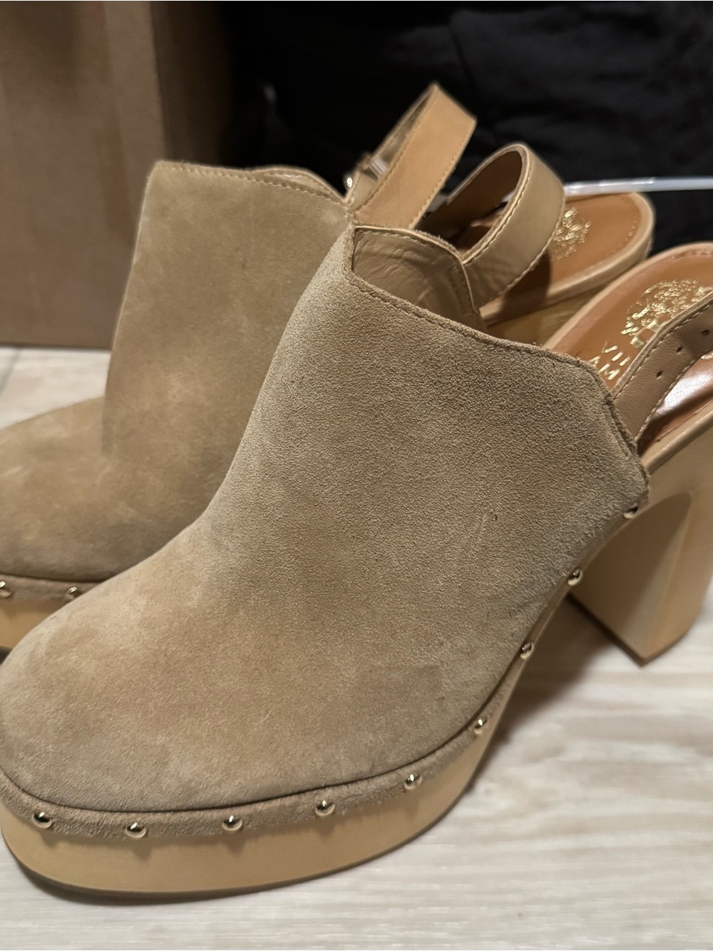 Vince Camuto Tan Suede Studded Platform Mules